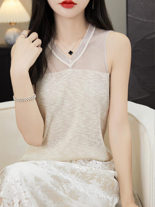 雀说镂空网纱吊带背心女无袖针织衫百搭新款上衣时尚轻薄舒适透气T恤AL1125 商品图7