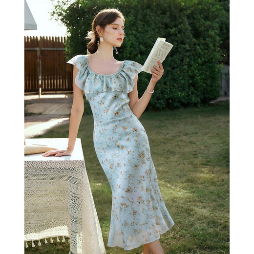 OLrain欧芮儿碎花方领荷叶边法式连衣裙女夏季2025新款蓝色茶歇裙 商品图3