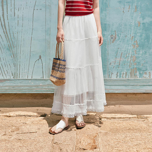 【严选】诗凡黎白色法式浪漫半身裙2025夏新款高腰显瘦气质花边网纱蛋糕裙7G6140661 商品图0