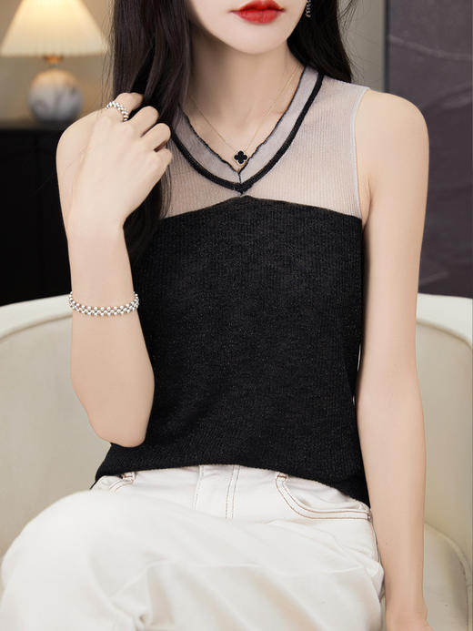 雀说镂空网纱吊带背心女无袖针织衫百搭新款上衣时尚轻薄舒适透气T恤AL1125 商品图6