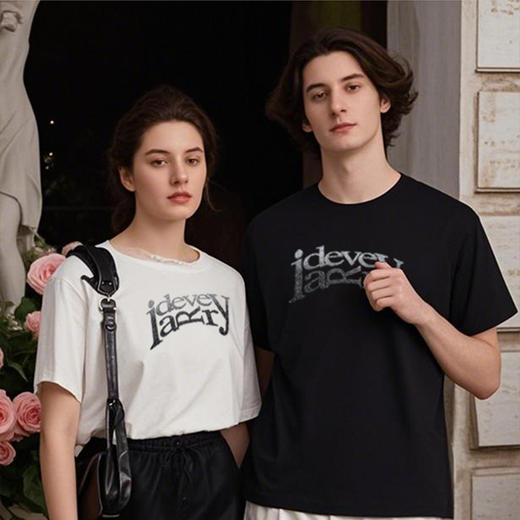 IDEVERRAY法式复古圆领短袖烫钻T恤男女印花情侣装全棉宽松上衣夏21MSL-ID25SSFAT009 商品图1