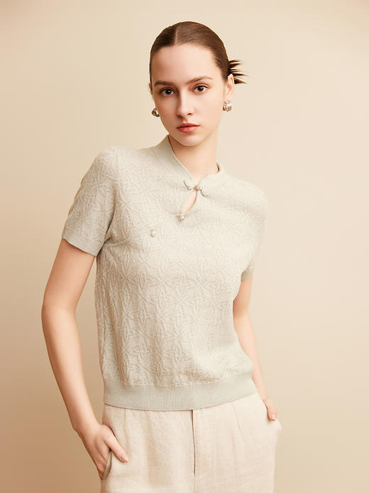 【棉麻短袖针织套衫】25年夏季新品女士复古立领盘扣薄款短袖上衣 商品图0