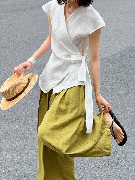 雀说夏季新款时尚休闲苎麻衬衫女不规则背心百搭上衣AL8011 商品图6