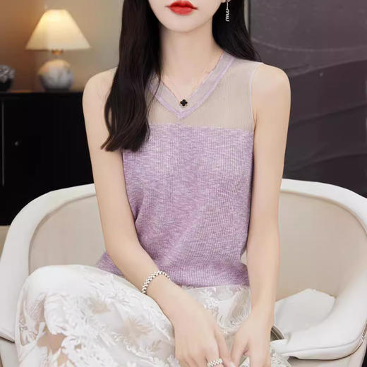 雀说镂空网纱吊带背心女无袖针织衫百搭新款上衣时尚轻薄舒适透气T恤AL1125 商品图1