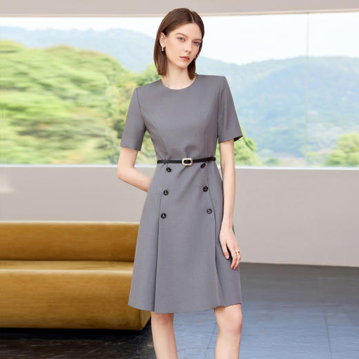 IWY/高级感灰色短袖圆领连衣裙女夏季新款气质收腰通勤A字裙Q1356 商品图2