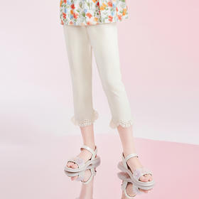 笛莎Deesha 童装女童裤子女童夏季脚口波浪蕾丝花边坑条打底裤