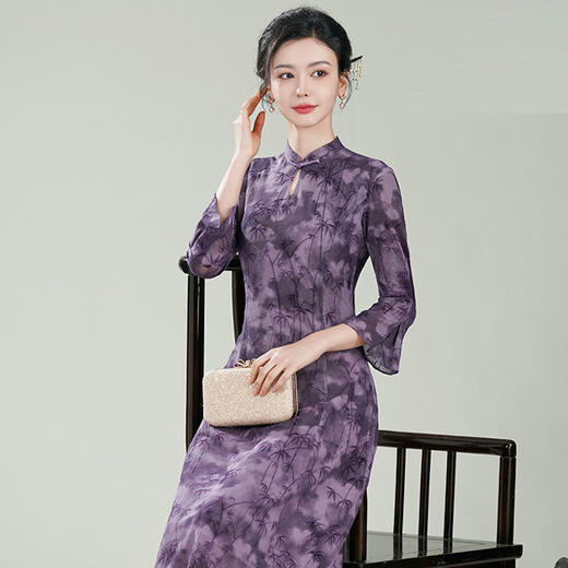 XGT-Q25012紫竹2025春夏女装新款中袖复古改良新中式修身旗袍连衣裙 商品图2