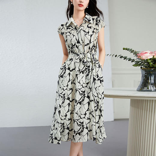 丁摩真丝连衣裙女年轻款夏季时尚宽松透气高端桑蚕丝碎花中长款衬衫裙AL250152 商品图1