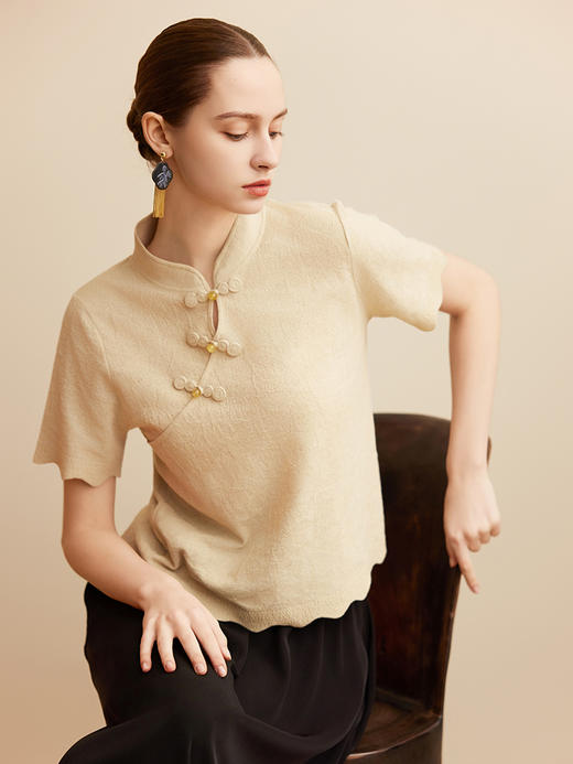 【棉麻中国风针织套衫】25年春夏新品女士中国风复古盘扣短袖上衣 商品图1