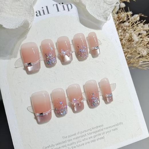 【法式闪粉】穿戴甲10片S187织梦蝴蝶短梯气质显白法式闪粉腮红甲手工假指甲片。ry 商品图1