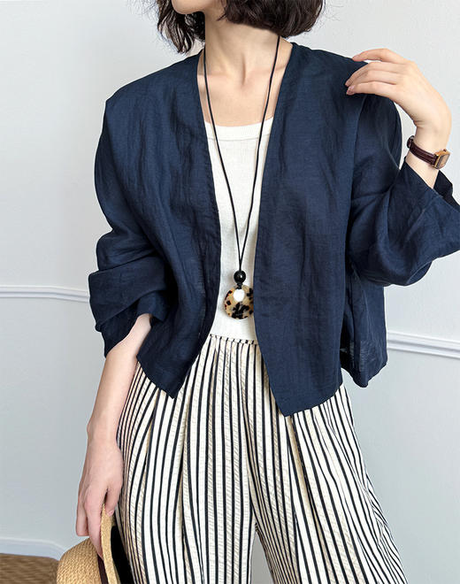 雀说新款长袖防晒衣女夏薄款宽松休闲亚麻开衫短外套AL250105-1 商品图5