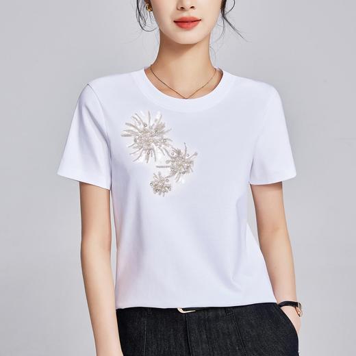 「自」全新升级【铂金会员109/天猫139/差价30】(01219)洛诗琳重工钉珠T恤2025夏季新款休闲百搭立体花朵短袖上衣 商品图1