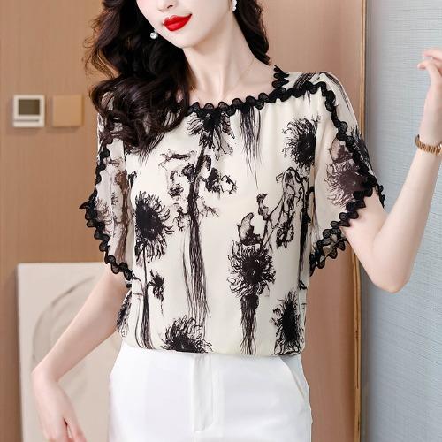 雀说水墨印花上衣女时尚宽松飞飞袖短袖减龄遮肚子洋气小衫ALMZ1191 商品图5