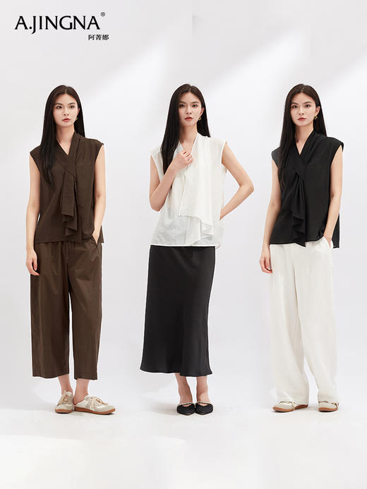 【灵动透气】阿菁娜醋酸不对称V领无袖个性结构上衣F30X202021 商品图0