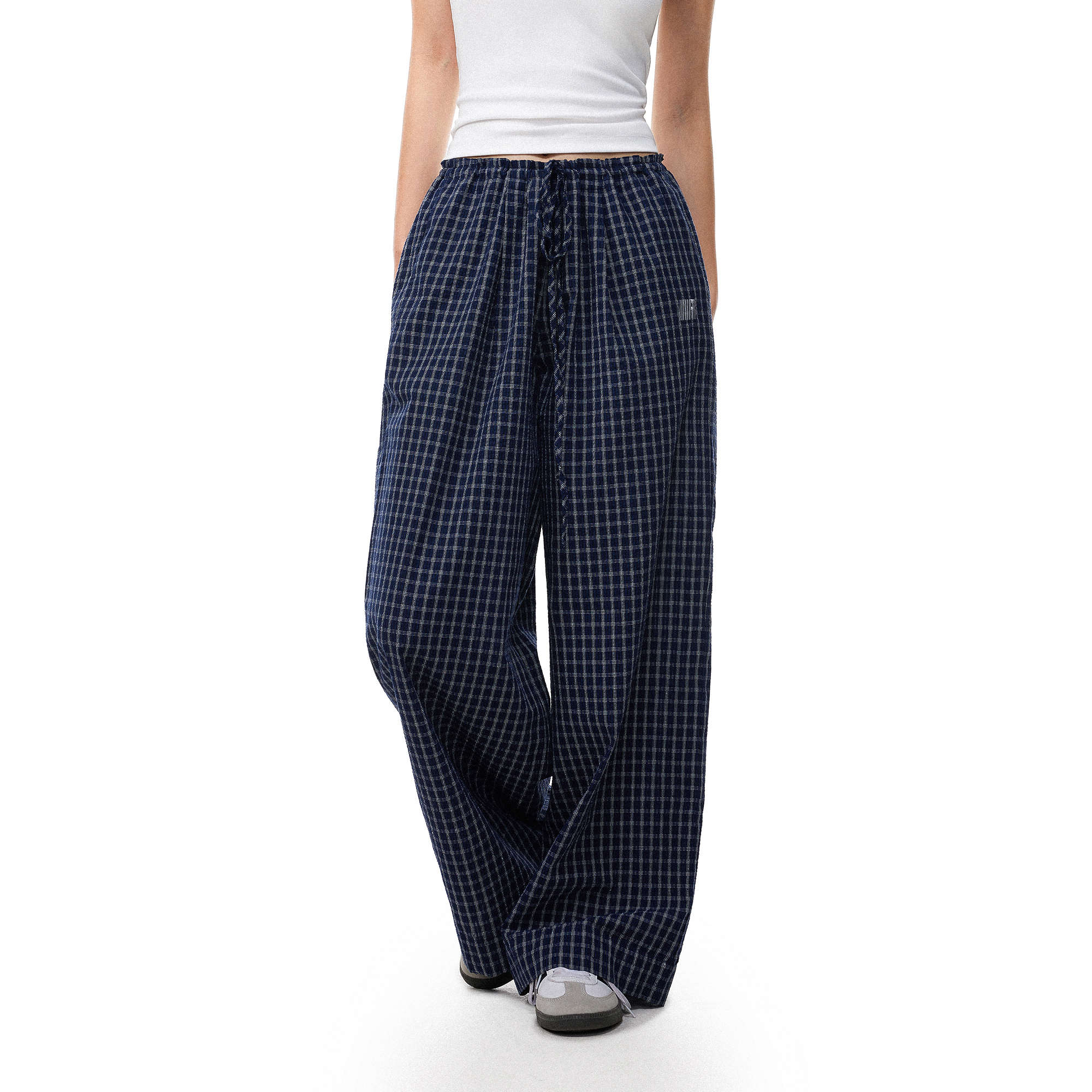 FDR官方店 R字基础格子休闲长裤女夏季宽松直筒松紧裤子