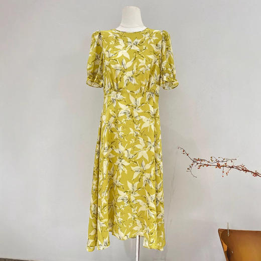 短袖真丝连衣裙女2025春夏新款收腰中长款碎花双绉100%桑蚕丝裙子 商品图0