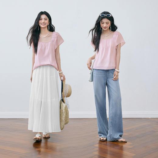 【严选】诗凡黎粉色甜美醋酸方领衬衫2025夏新款法式复古温柔显白小上衣女7G5320271 商品图1