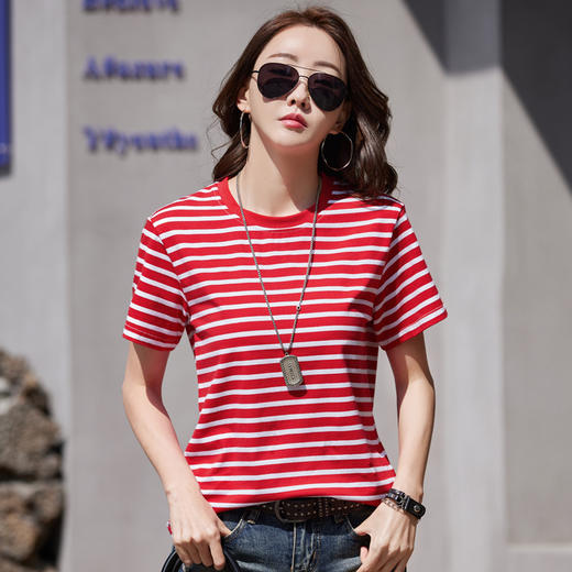 雀说短袖T恤女纯棉夏季韩版宽松大码条纹圆领上衣服AL9847 商品图3