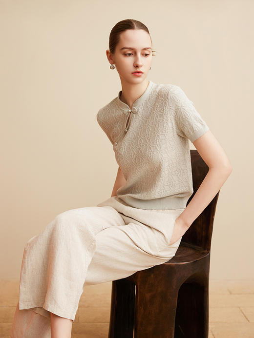 【棉麻短袖针织套衫】25年夏季新品女士复古立领盘扣薄款短袖上衣 商品图3