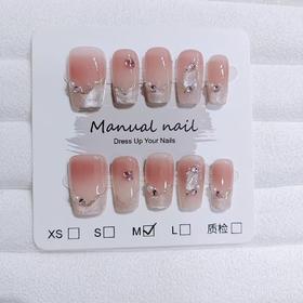 【穿戴甲】10片S004细雨山谷短梯手工蜜桃渐变晶石百搭温柔气质美甲。ry