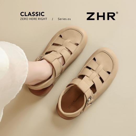 ZHR则则真皮镂空包头罗马凉鞋女软底猪笼鞋夏季百搭时装凉鞋平底 商品图8