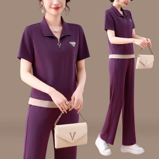 雀说时尚休闲运动套装女新款短袖薄款跑步红色宽松洋气两件套AL23028 商品图2