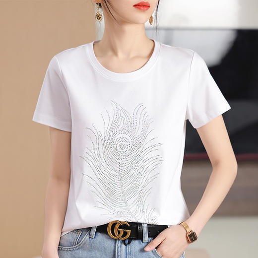 雀说重工烫钻丝光棉白色短袖T恤女夏季新款宽松显瘦圆领半袖T恤上衣AL2403 商品图5