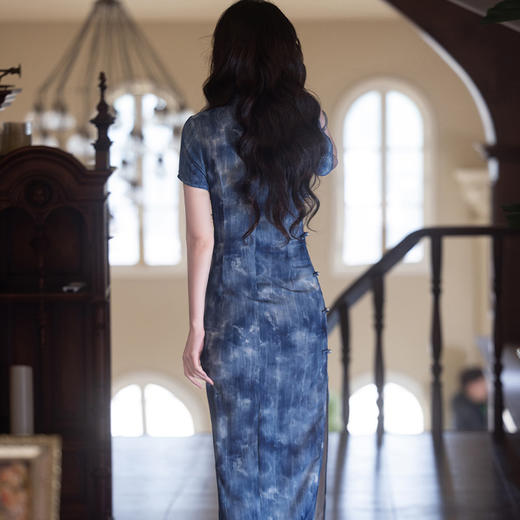 新中式国风水墨印花，高端气质蓝色显瘦旗袍JLM-6151 商品图3