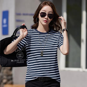 雀说短袖T恤女纯棉夏季韩版宽松大码条纹圆领上衣服AL9847