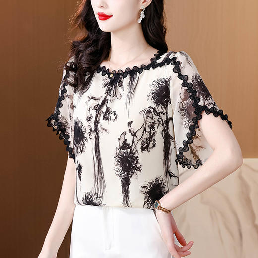 雀说水墨印花上衣女时尚宽松飞飞袖短袖减龄遮肚子洋气小衫ALMZ1191 商品图2