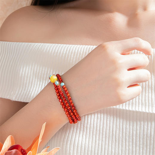 【新品首发】三圈南红手链 中国风黄色18k金珠蜜蜡绿松石手串手链女士礼物MEMORA诗普琳MB005602 商品图2