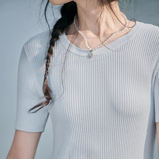 【严选】诗凡黎蓝色针梭拼接短袖连衣裙2025夏新款海边度假风大裙摆蛋糕裙7G4490511 商品图3