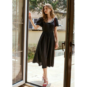 OLrain欧芮儿U领花边法式黑色可调节腰带夏季2025新款宽松连衣裙