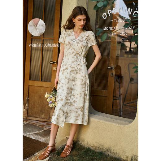 OLrain欧芮儿印花法式收腰连衣裙女夏季2025新款系带泡泡袖仙女裙 商品图2