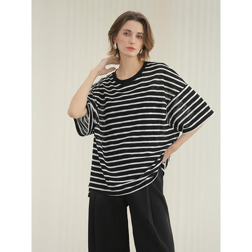 COCOBELLA慵懒宽松彩条纹针织衫女微透视休闲短袖T恤TS3039 商品图3