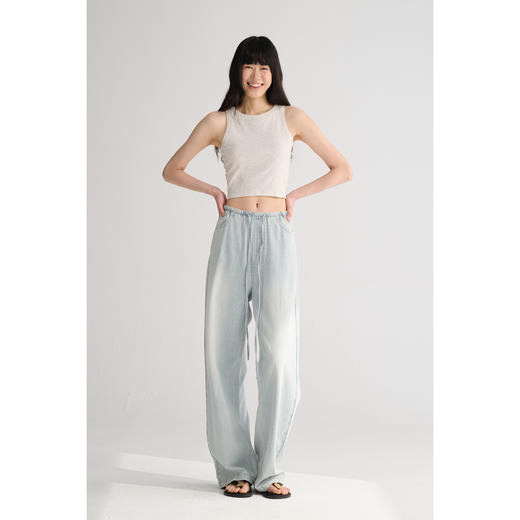 MAISON CECILE 宽松休闲做旧褪色感随性慵懒松紧腰直筒牛仔裤 商品图0