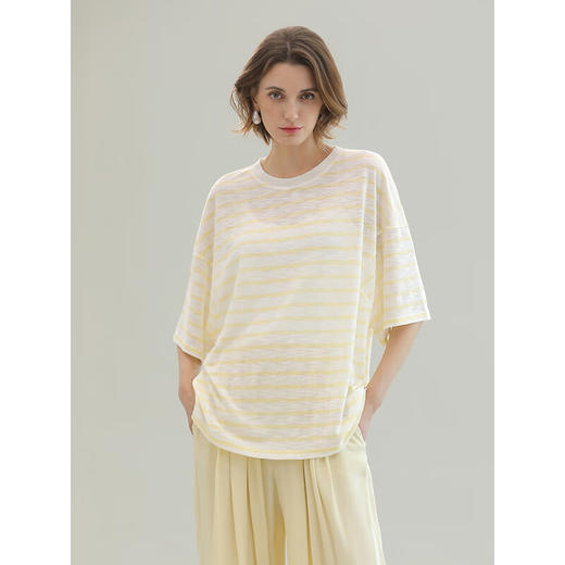 COCOBELLA慵懒宽松彩条纹针织衫女微透视休闲短袖T恤TS3039 商品图2