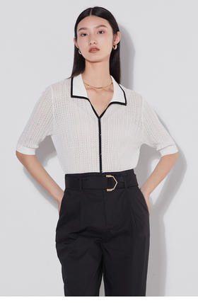 [K]洛诗琳40640设计感撞色边翻领针织衫2025夏季新款镂空花型短袖上衣0172