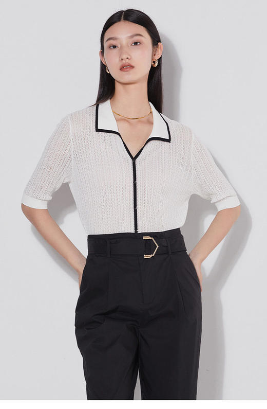 [K]洛诗琳40640设计感撞色边翻领针织衫2025夏季新款镂空花型短袖上衣0172 商品图0