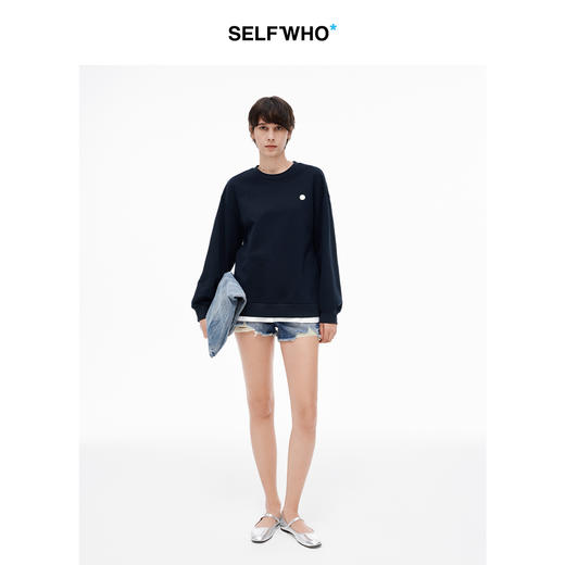 SELFWHO精梳棉宝蓝色假两件长袖t恤夏新款宽松显瘦落肩上衣 商品图2
