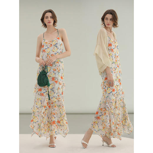 COCOBELLA灵动荷叶边亮彩花卉连衣裙夏飘逸鱼尾吊带裙FR3092 商品图2