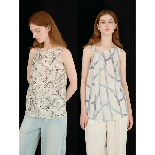 MAISON CECILE 两色印花/桑蚕丝轻薄透气斜领扭结无袖背心 商品图0