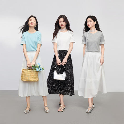 【专属特价】熙世界100棉蕾丝花边短袖T恤女夏季百搭宽松休闲蓝色体恤圆领上衣 商品图2