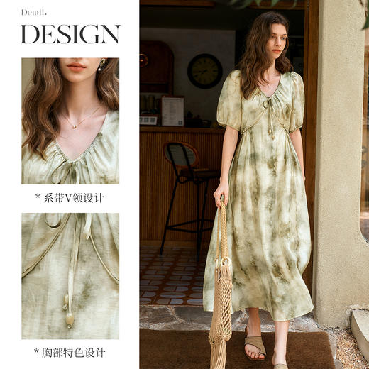 OLrain欧芮儿印花法式慵懒连衣裙女夏季2025新款系带v领设计长裙 商品图2