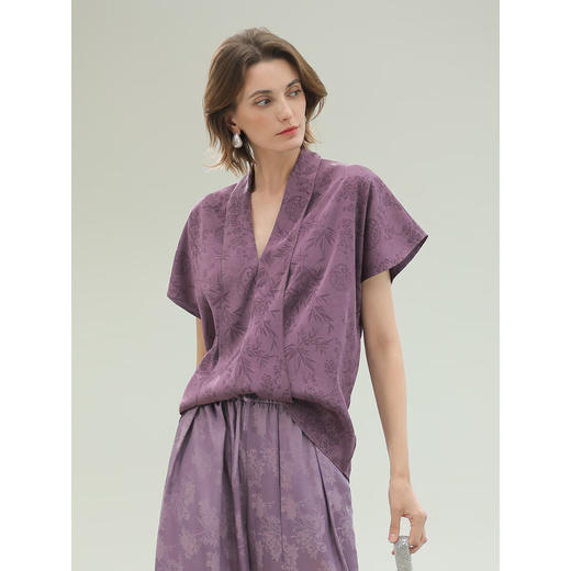 COCOBELLA重工对丝暗纹提花缎国风短袖衬衫新中式罩衫SR3198 商品图3