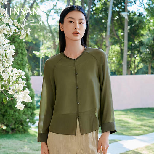 真丝乔其外套女100%桑蚕丝新中式纯色简约开衫轻薄上衣金三塔  YSFFB704 商品图0
