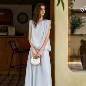 OLrain欧芮法式盐系上衣半身裙女夏季2025新款灰蓝色气质两件套装