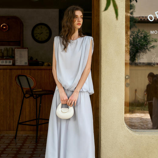 OLrain欧芮法式盐系上衣半身裙女夏季2025新款灰蓝色气质两件套装 商品图0