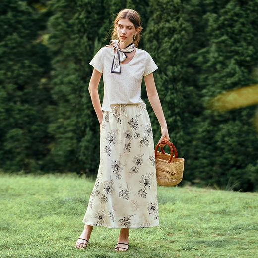 OLrain欧芮儿法式优雅提花印花半身裙女夏季2025新款高腰绑带裙子 商品图2