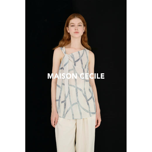 MAISON CECILE 两色印花/桑蚕丝轻薄透气斜领扭结无袖背心 商品图2
